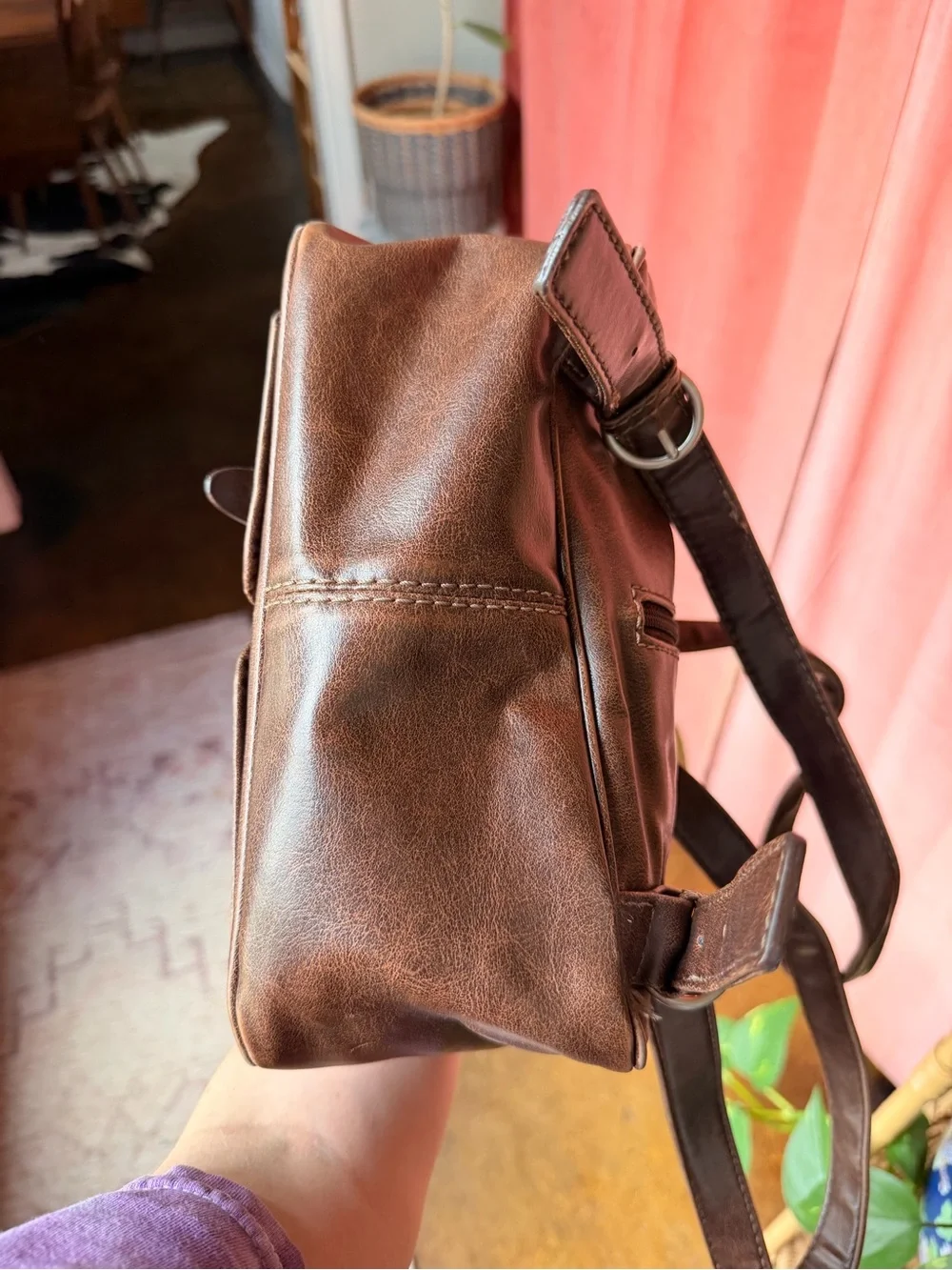 Vintage Nine West Brown Faux Leather Mini Backpack with Front Buckle Pockets